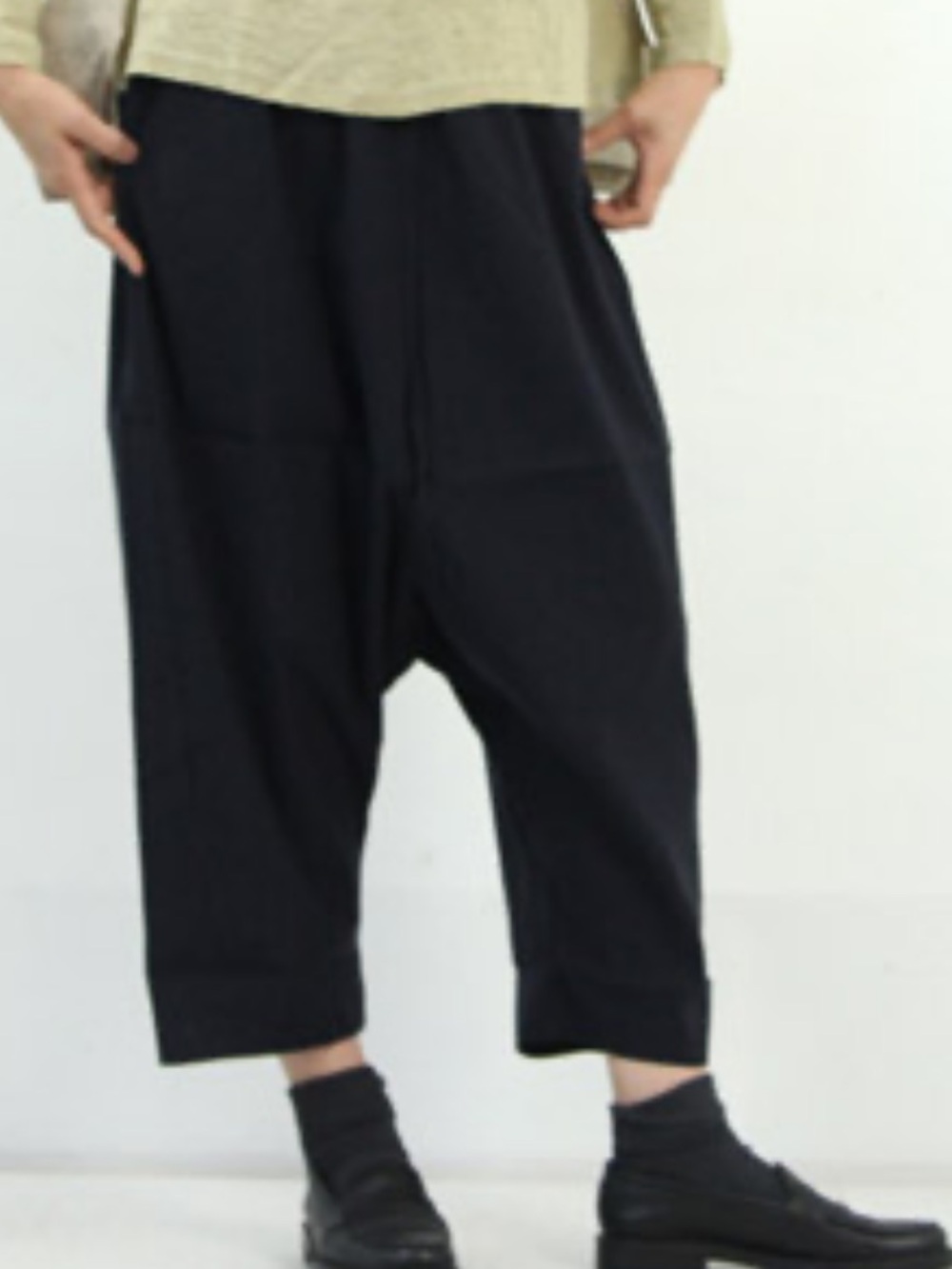 MIZUIRO IND Sarouel Harem Elastic Waist Black Drop-Crotch Pants Linen 2 US M